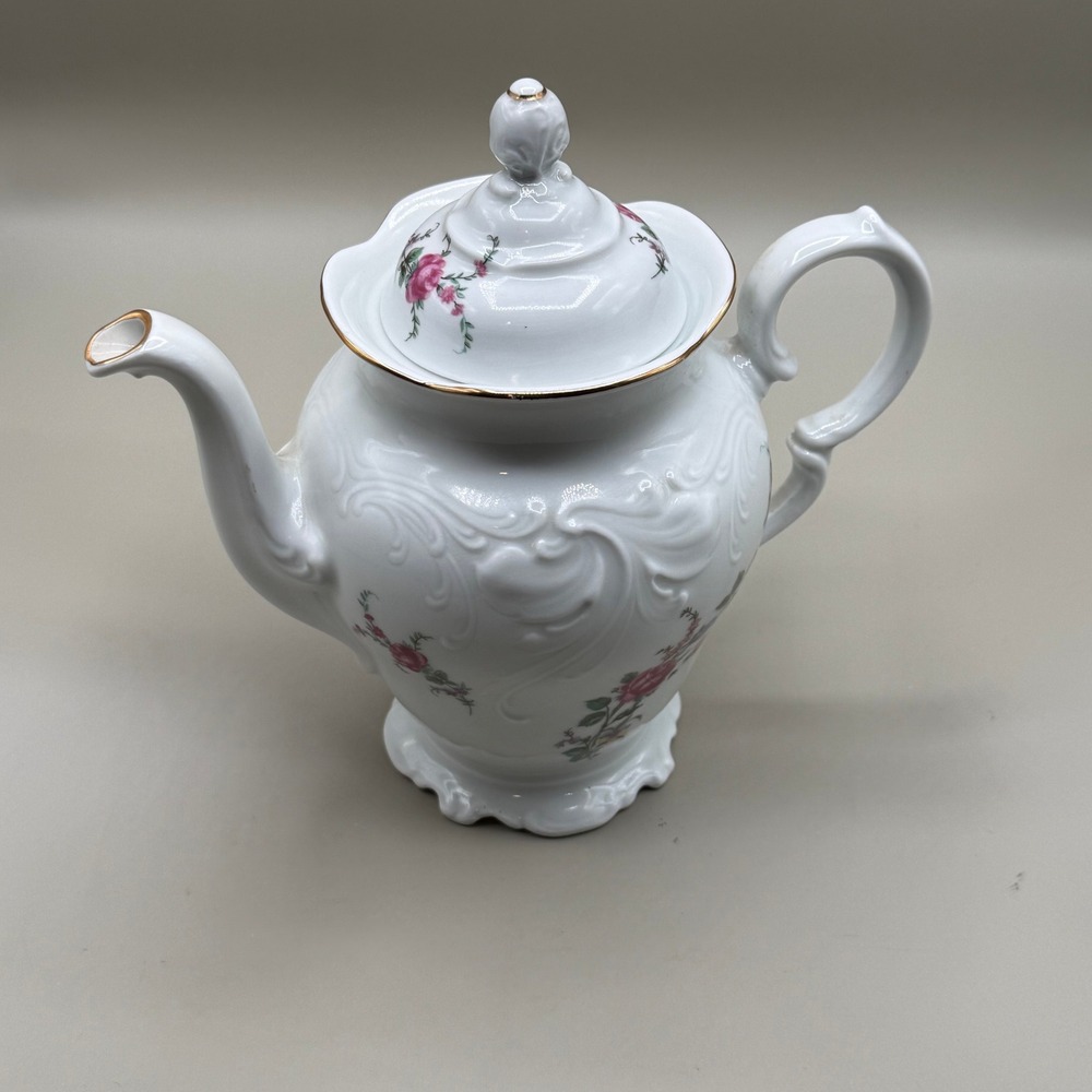 Wawel Poland Porcelain Teapot Pink Roses Gold Trim Embossed White Floral Vintage